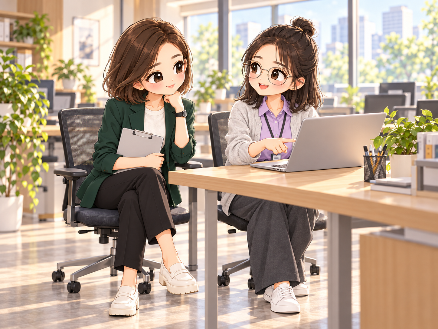 協會日常第6話,小薇將筆電轉向小甯,兩人並坐查看名錄工作紀錄