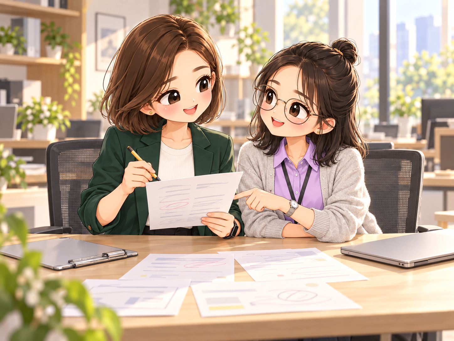 協會日常第6話,小甯讀出稿子,小薇指著長句,兩人在桌邊笑著修稿