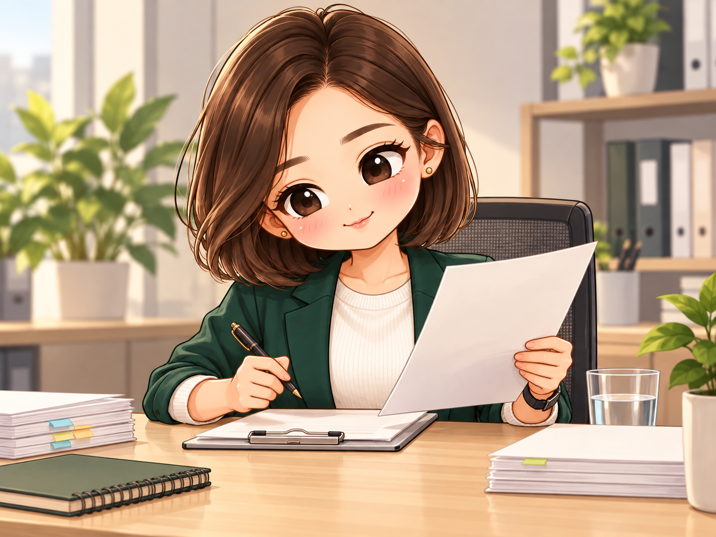 協會日常第8話：小甯坐在桌邊核對已完成的工作紀錄，手持筆與銀灰寫字板