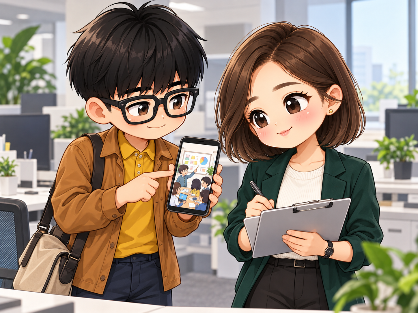 協會日常第9話，小布展示會議桌年度計畫配圖，小甯記下文章已完成